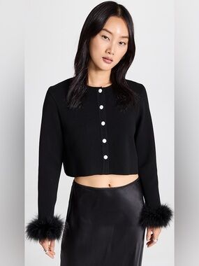 Sleeper Cropped Black Cardigan with Pearl Buttons and Feather Trim